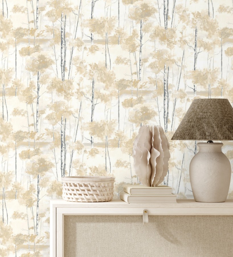 Papel pintado bosque pictórico etéreo con copas de árboles tonos mostaza  Tagus Silvery 684491