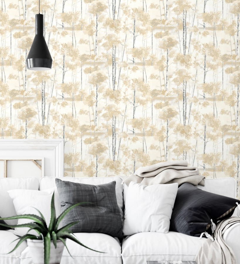 Papel pintado bosque pictórico etéreo con copas de árboles tonos mostaza  Tagus Silvery 684491