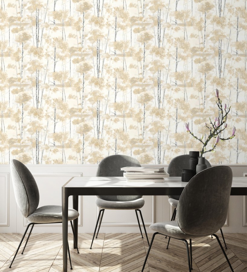 Papel pintado bosque pictórico etéreo con copas de árboles tonos mostaza  Tagus Silvery 684491
