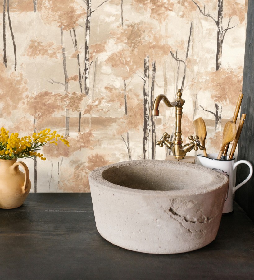 Papel pintado bosque pictórico etéreo con copas de árboles tonos terracota  Tagus Silvery 684492