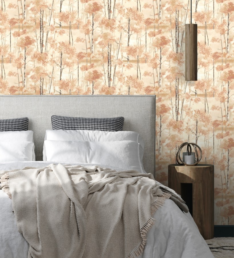 Papel pintado bosque pictórico etéreo con copas de árboles tonos terracota  Tagus Silvery 684492