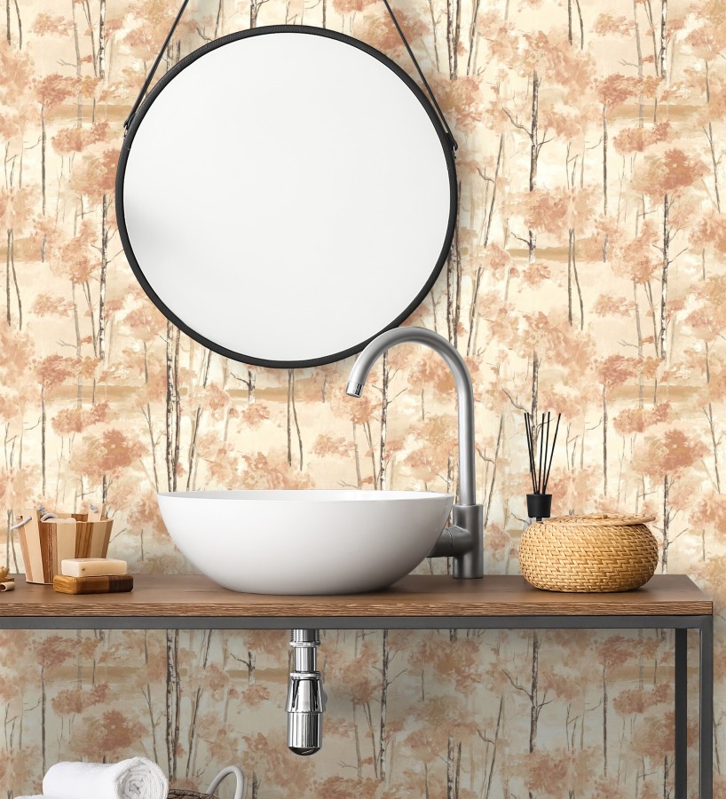 Papel pintado bosque pictórico etéreo con copas de árboles tonos terracota  Tagus Silvery 684492