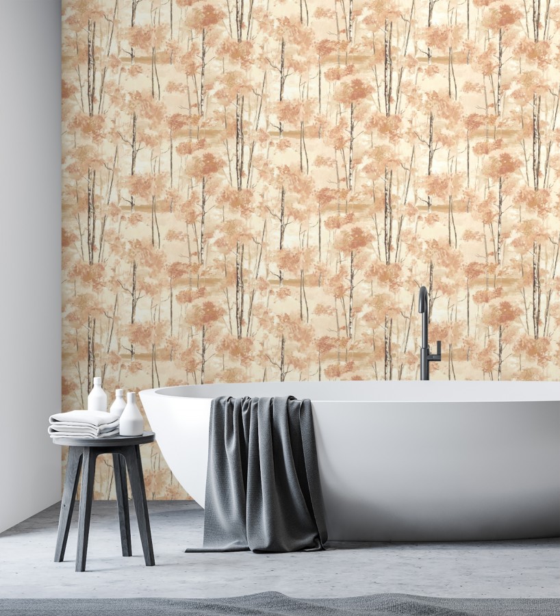 Papel pintado bosque pictórico etéreo con copas de árboles tonos terracota  Tagus Silvery 684492