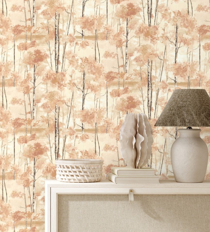 Papel pintado bosque pictórico etéreo con copas de árboles tonos terracota  Tagus Silvery 684492