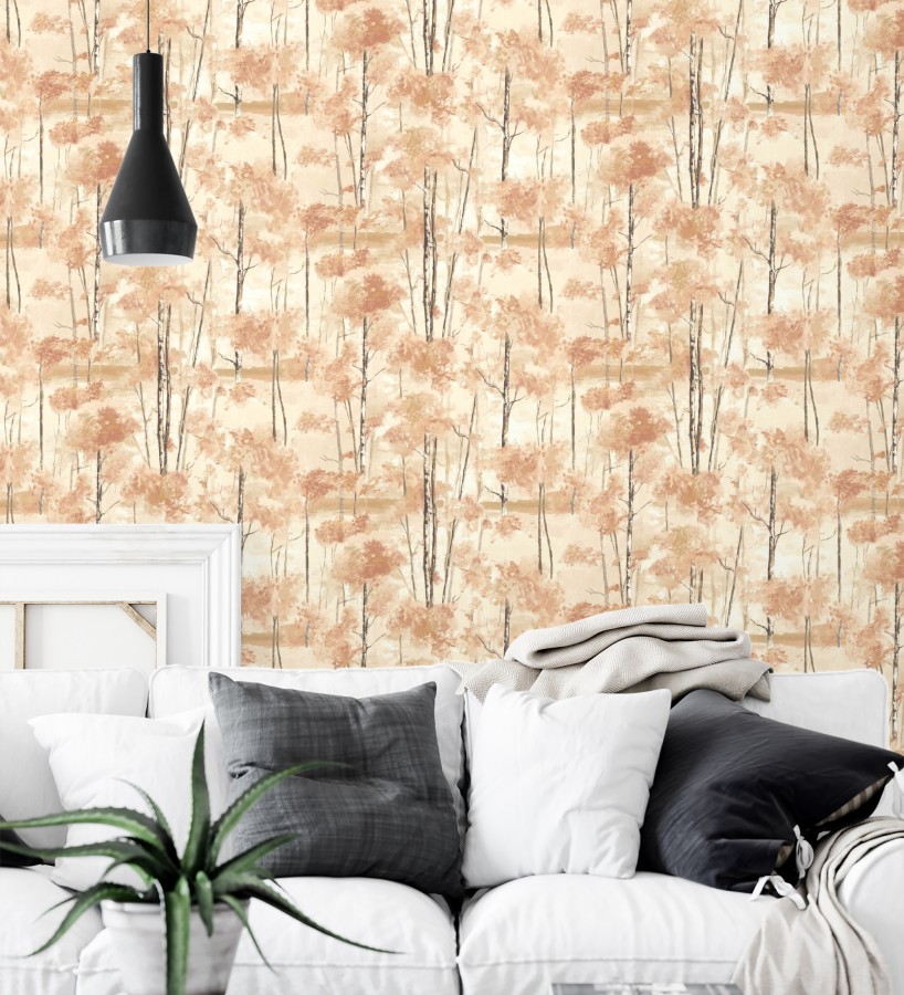 Papel pintado bosque pictórico etéreo con copas de árboles tonos terracota  Tagus Silvery 684492