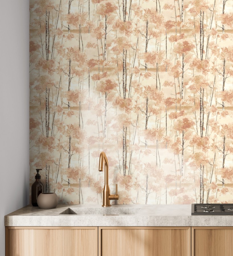 Papel pintado bosque pictórico etéreo con copas de árboles tonos terracota  Tagus Silvery 684492