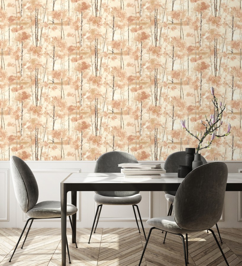 Papel pintado bosque pictórico etéreo con copas de árboles tonos terracota  Tagus Silvery 684492