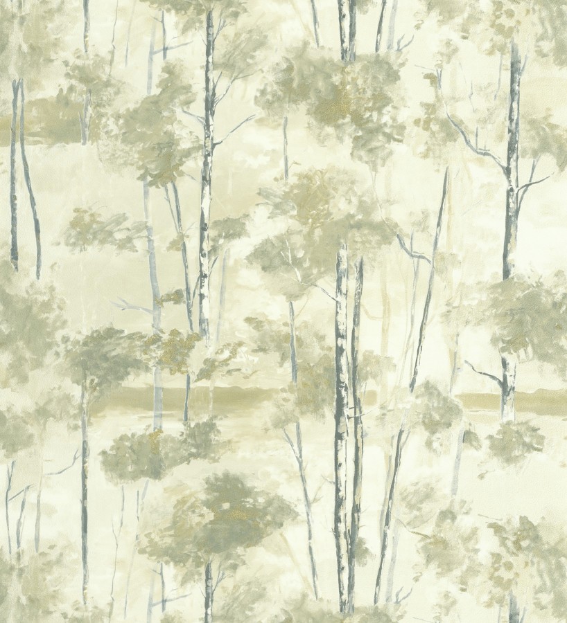 Papel pintado bosque pictórico etéreo con copas de árboles tonos verde oliva  Tagus Silvery 684493