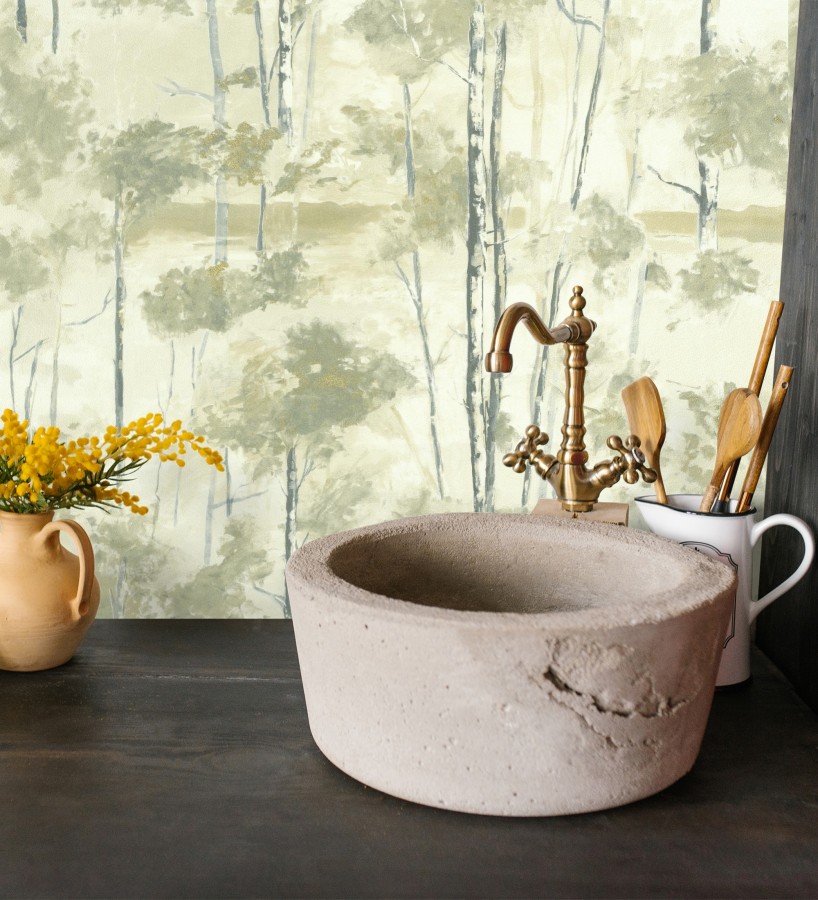 Papel pintado bosque pictórico etéreo con copas de árboles tonos verde oliva  Tagus Silvery 684493