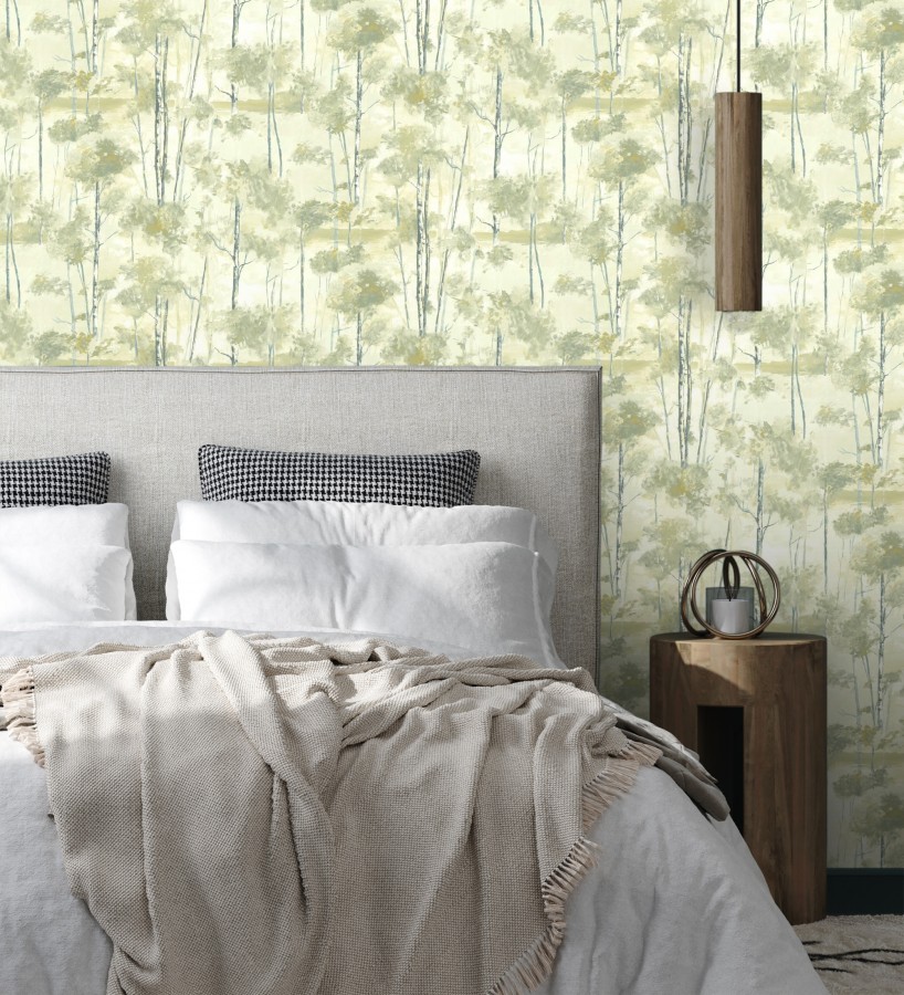 Papel pintado bosque pictórico etéreo con copas de árboles tonos verde oliva  Tagus Silvery 684493