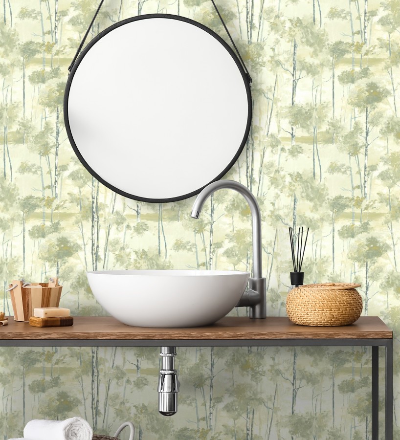 Papel pintado bosque pictórico etéreo con copas de árboles tonos verde oliva  Tagus Silvery 684493