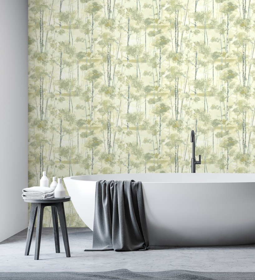 Papel pintado bosque pictórico etéreo con copas de árboles tonos verde oliva  Tagus Silvery 684493