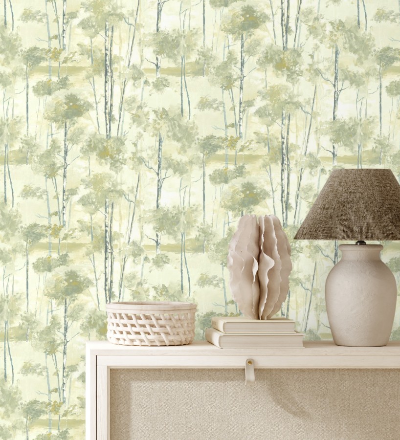 Papel pintado bosque pictórico etéreo con copas de árboles tonos verde oliva  Tagus Silvery 684493