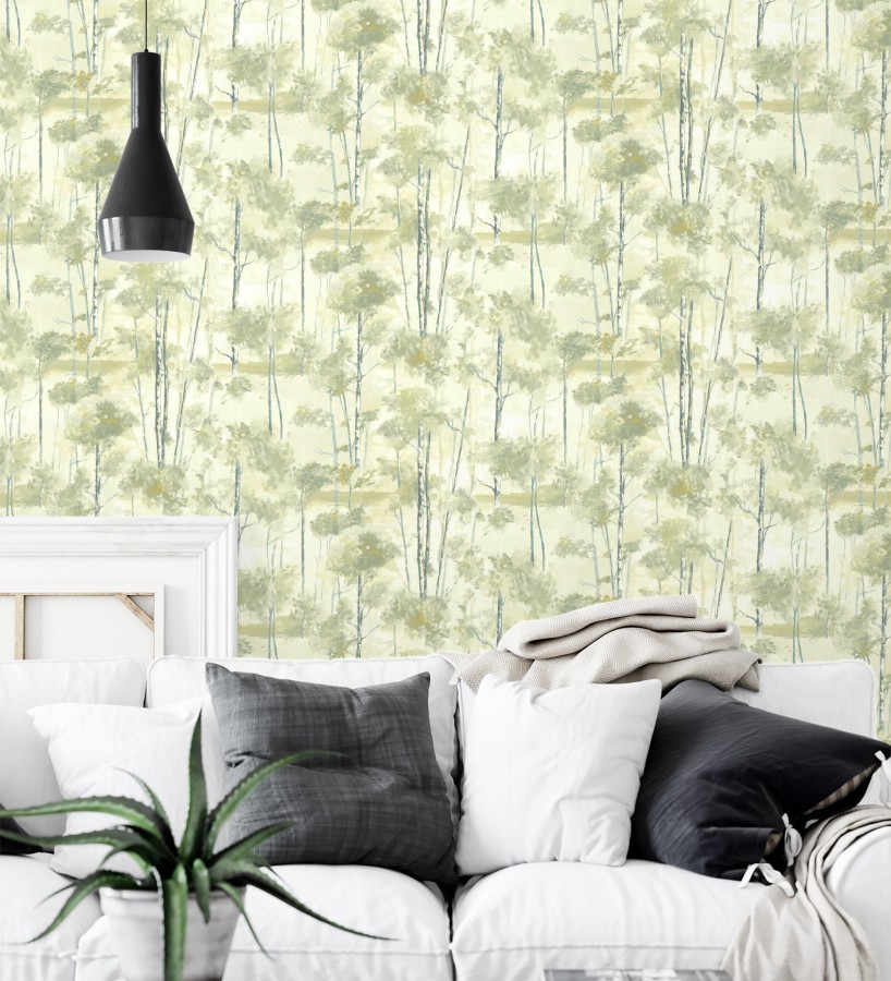 Papel pintado bosque pictórico etéreo con copas de árboles tonos verde oliva  Tagus Silvery 684493