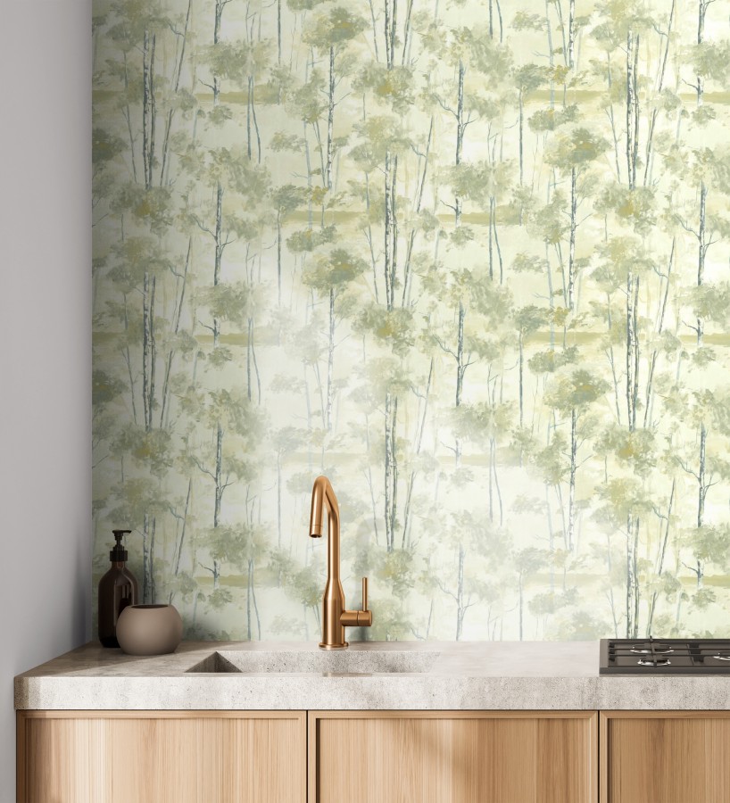 Papel pintado bosque pictórico etéreo con copas de árboles tonos verde oliva  Tagus Silvery 684493