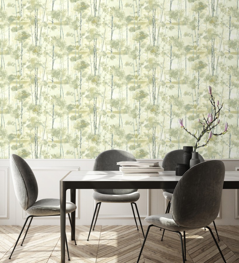 Papel pintado bosque pictórico etéreo con copas de árboles tonos verde oliva  Tagus Silvery 684493