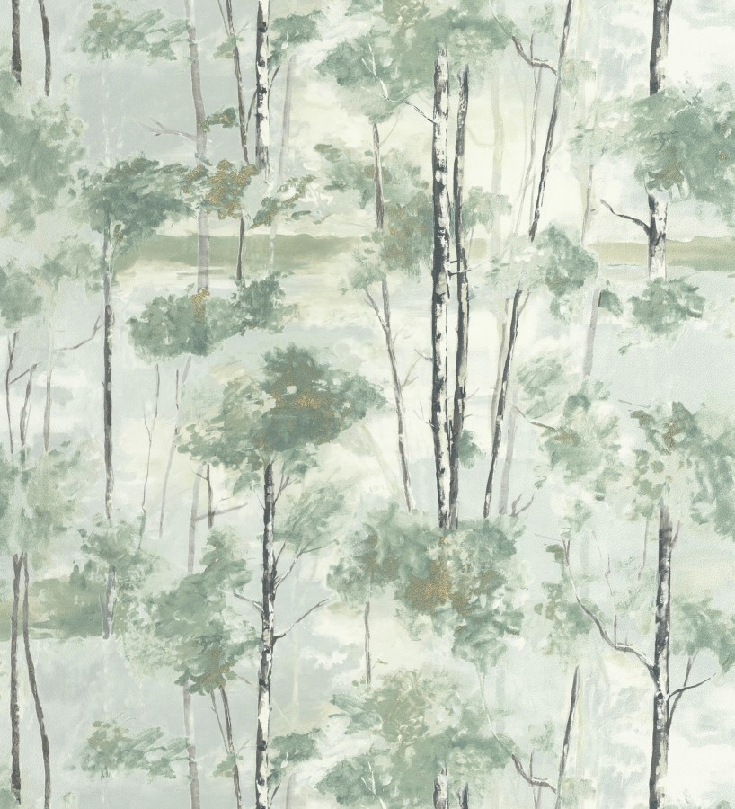 Papel pintado bosque pictórico etéreo con copas de árboles tonos verde botella  Tagus Silvery 684494