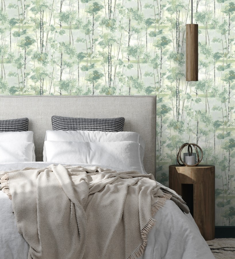 Papel pintado bosque pictórico etéreo con copas de árboles tonos verde botella  Tagus Silvery 684494
