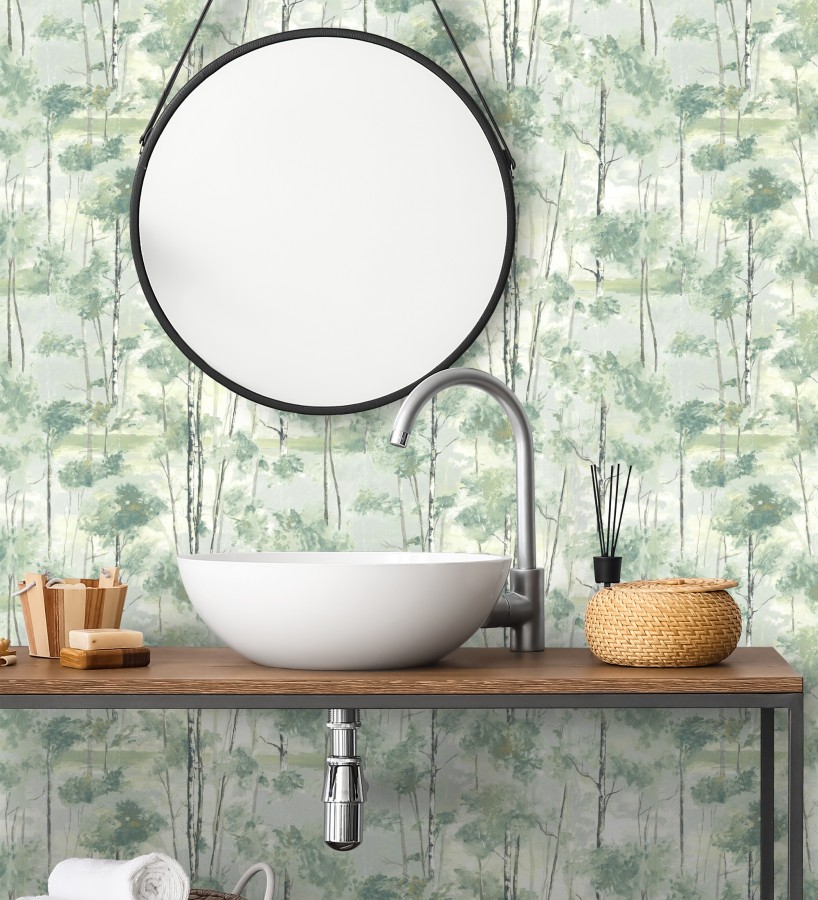 Papel pintado bosque pictórico etéreo con copas de árboles tonos verde botella  Tagus Silvery 684494