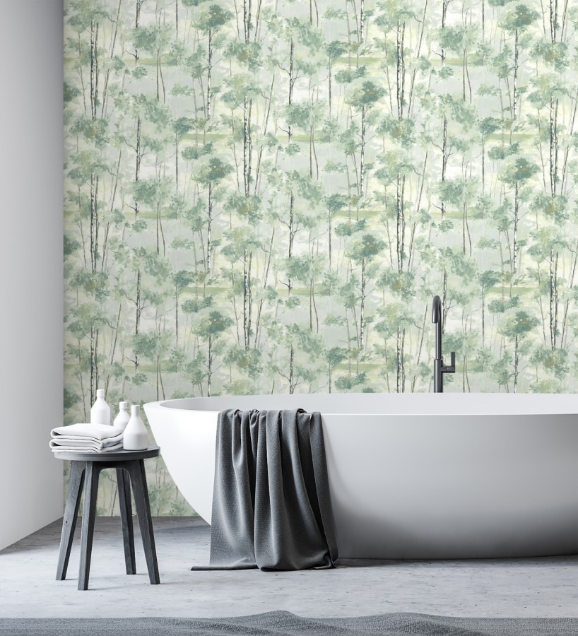 Papel pintado bosque pictórico etéreo con copas de árboles tonos verde botella  Tagus Silvery 684494