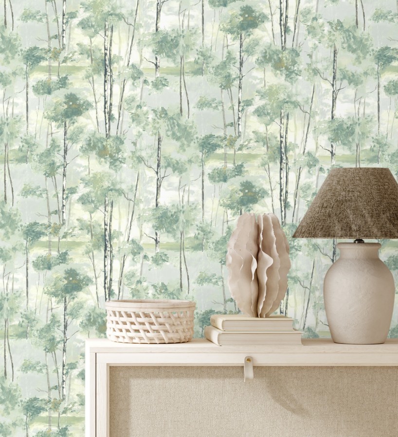 Papel pintado bosque pictórico etéreo con copas de árboles tonos verde botella  Tagus Silvery 684494