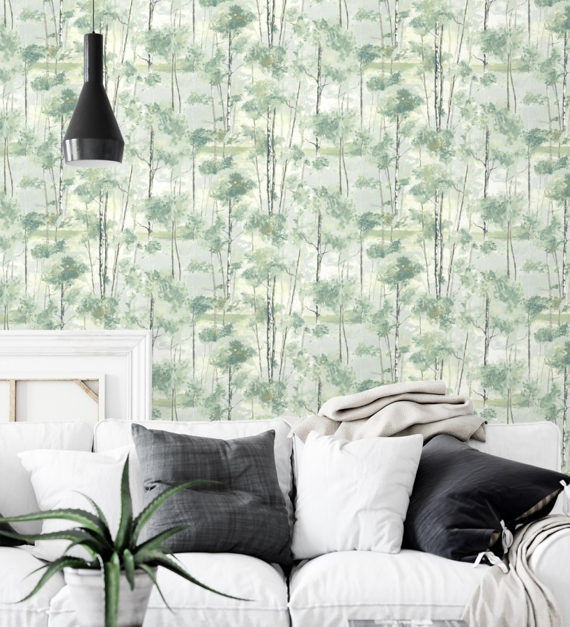 Papel pintado bosque pictórico etéreo con copas de árboles tonos verde botella  Tagus Silvery 684494