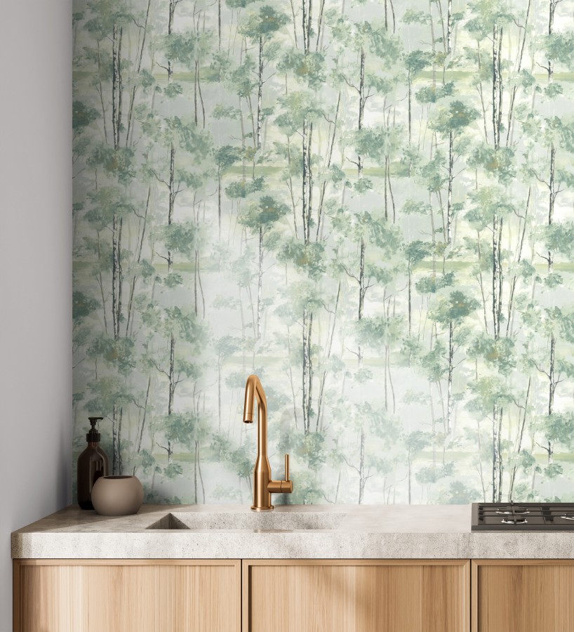 Papel pintado bosque pictórico etéreo con copas de árboles tonos verde botella  Tagus Silvery 684494