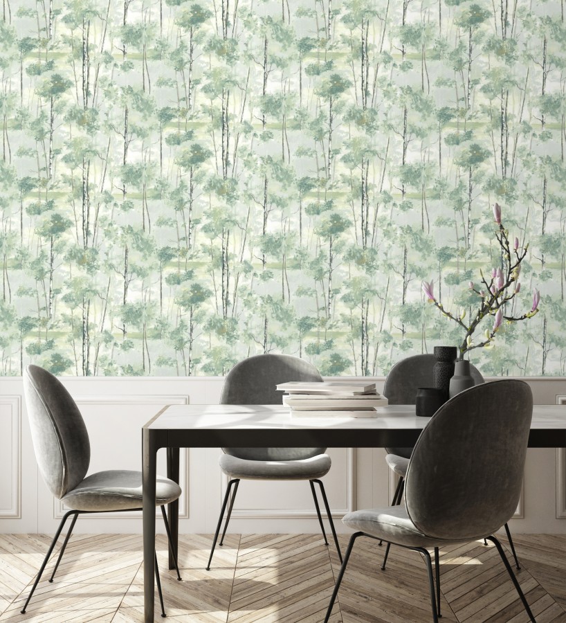 Papel pintado bosque pictórico etéreo con copas de árboles tonos verde botella  Tagus Silvery 684494
