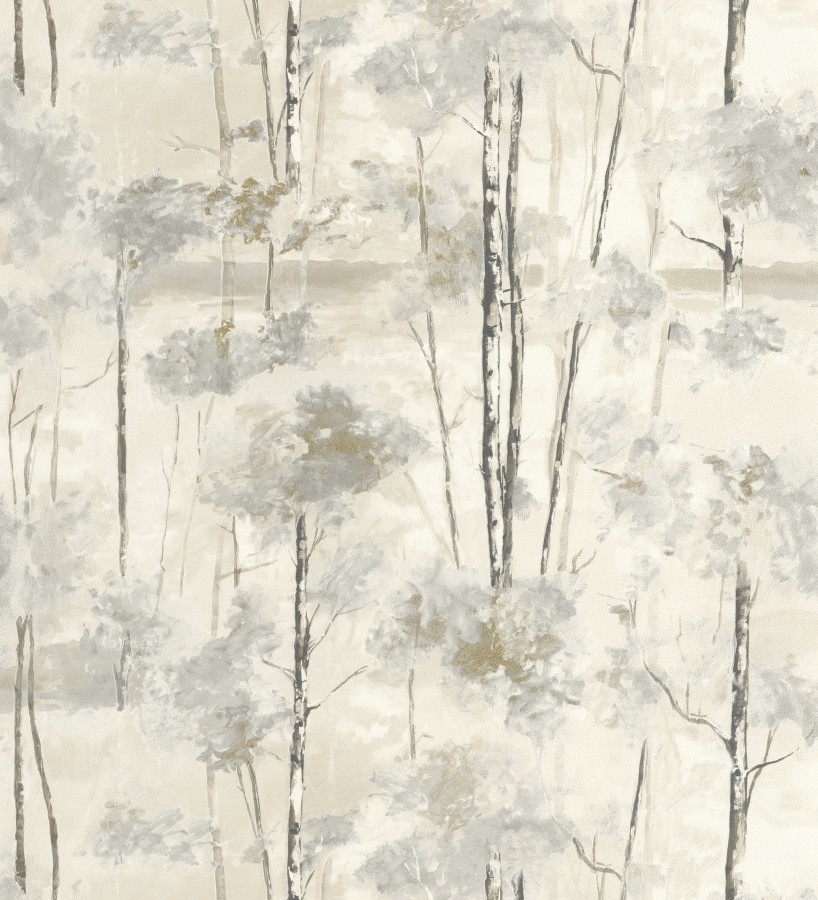 Papel pintado bosque pictórico etéreo con copas de árboles tonos gris piedra  Tagus Silvery 684495