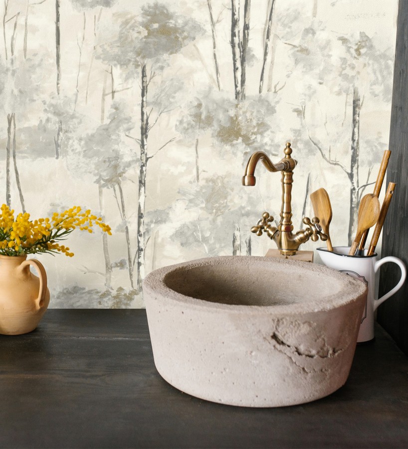 Papel pintado bosque pictórico etéreo con copas de árboles tonos gris piedra  Tagus Silvery 684495