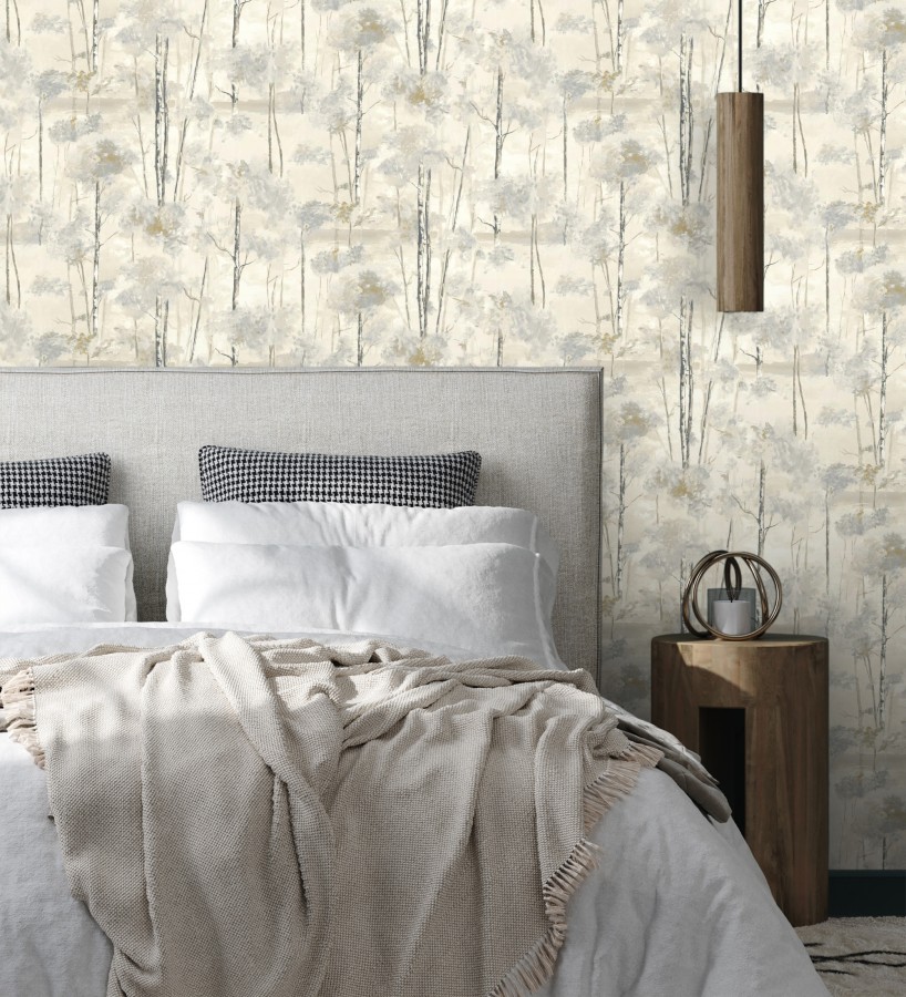 Papel pintado bosque pictórico etéreo con copas de árboles tonos gris piedra  Tagus Silvery 684495