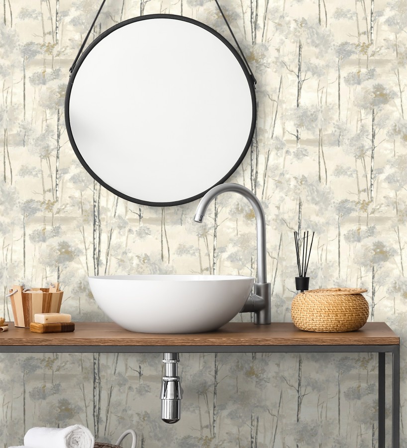 Papel pintado bosque pictórico etéreo con copas de árboles tonos gris piedra  Tagus Silvery 684495