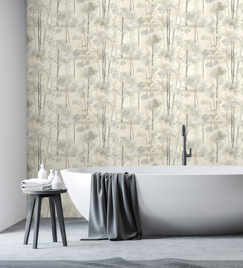 Papel pintado bosque pictórico etéreo con copas de árboles tonos gris piedra  Tagus Silvery 684495
