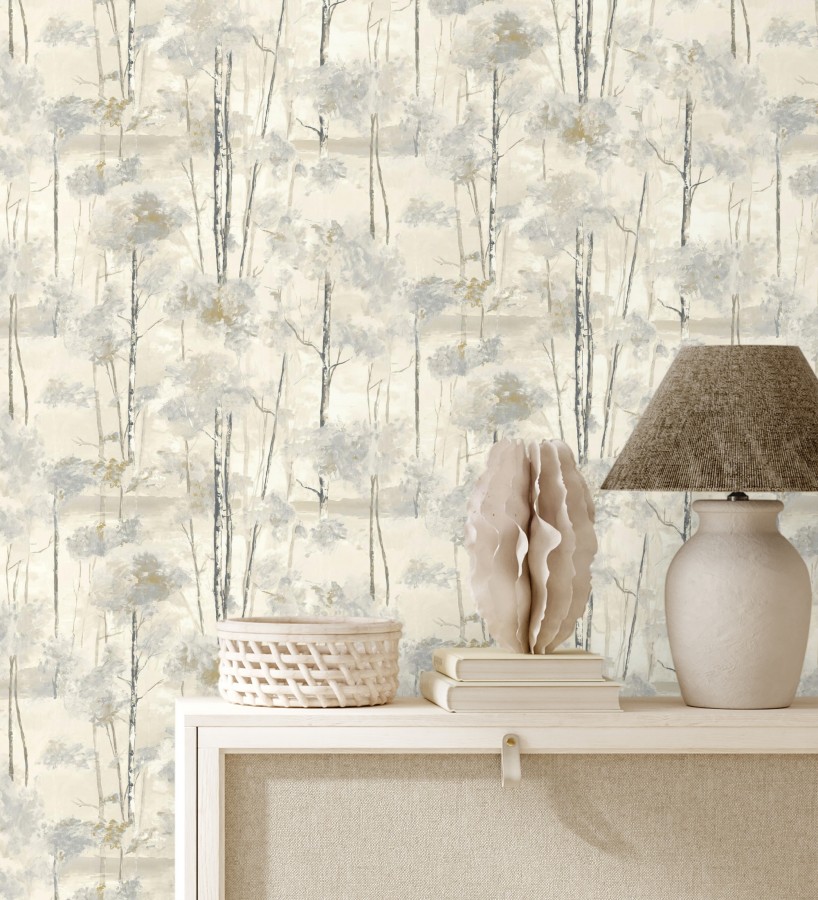 Papel pintado bosque pictórico etéreo con copas de árboles tonos gris piedra  Tagus Silvery 684495