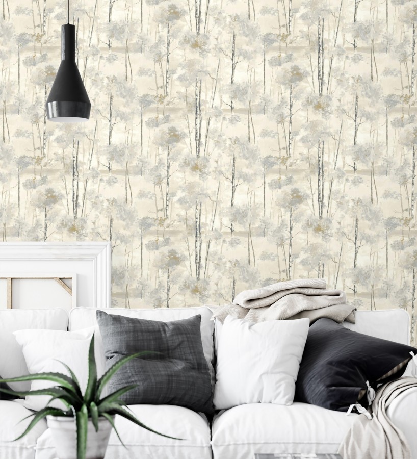 Papel pintado bosque pictórico etéreo con copas de árboles tonos gris piedra  Tagus Silvery 684495