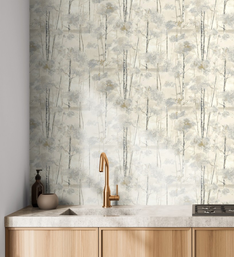 Papel pintado bosque pictórico etéreo con copas de árboles tonos gris piedra  Tagus Silvery 684495