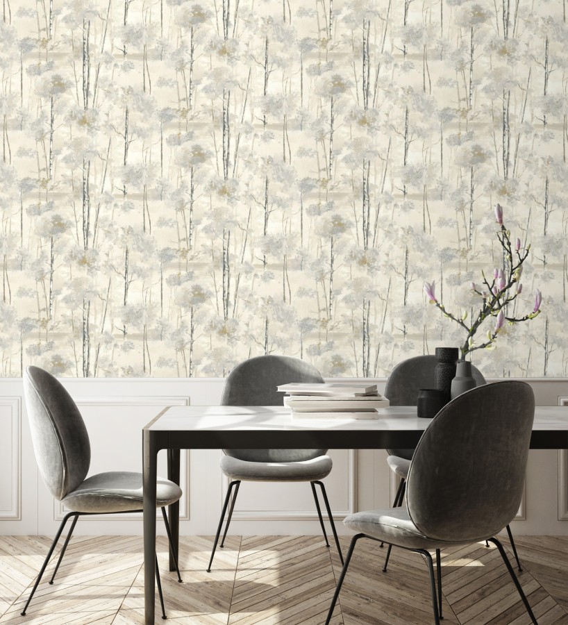 Papel pintado bosque pictórico etéreo con copas de árboles tonos gris piedra  Tagus Silvery 684495