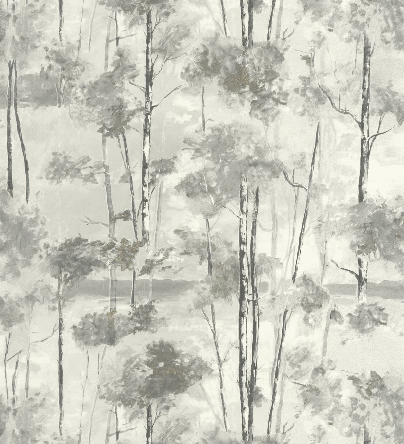 Papel pintado bosque pictórico etéreo con copas de árboles tonos gris pizarra  Tagus Silvery 684496