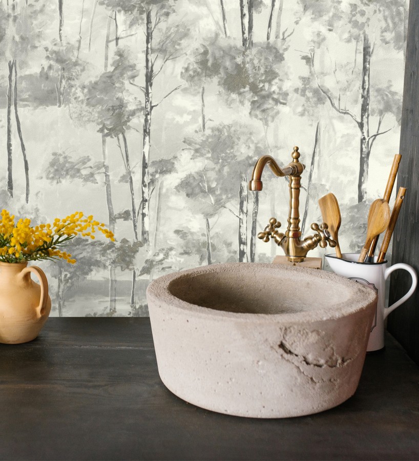 Papel pintado bosque pictórico etéreo con copas de árboles tonos gris pizarra  Tagus Silvery 684496