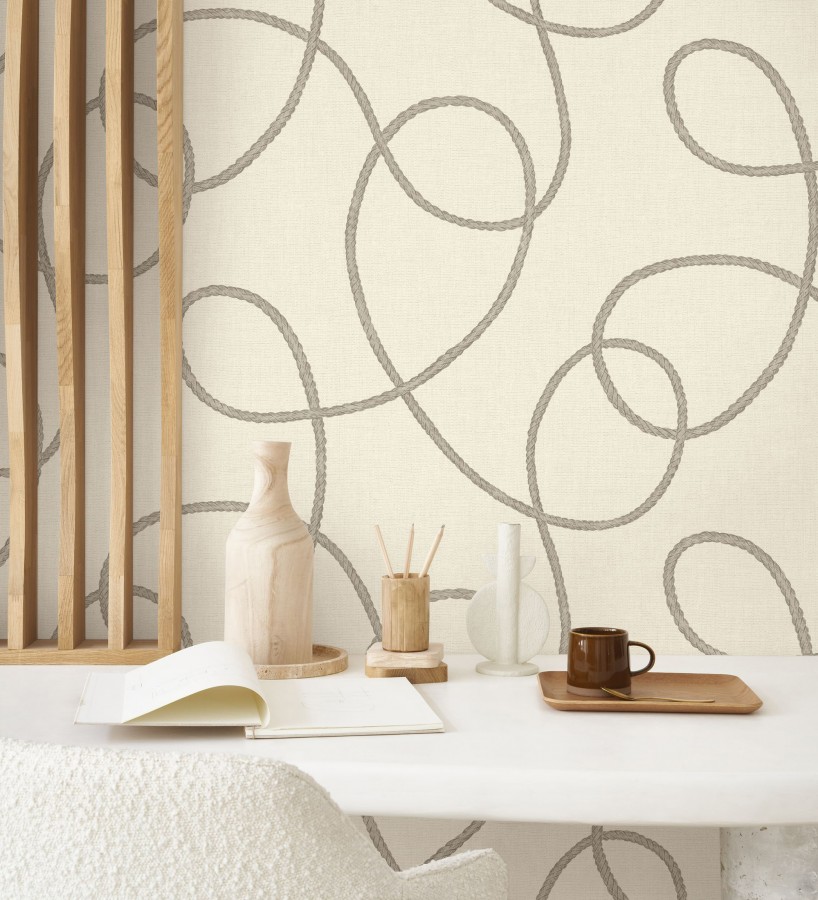 Papel pintado cuerdas náuticas entrelazadas fondo blanco roto  Dover Coiled 684514