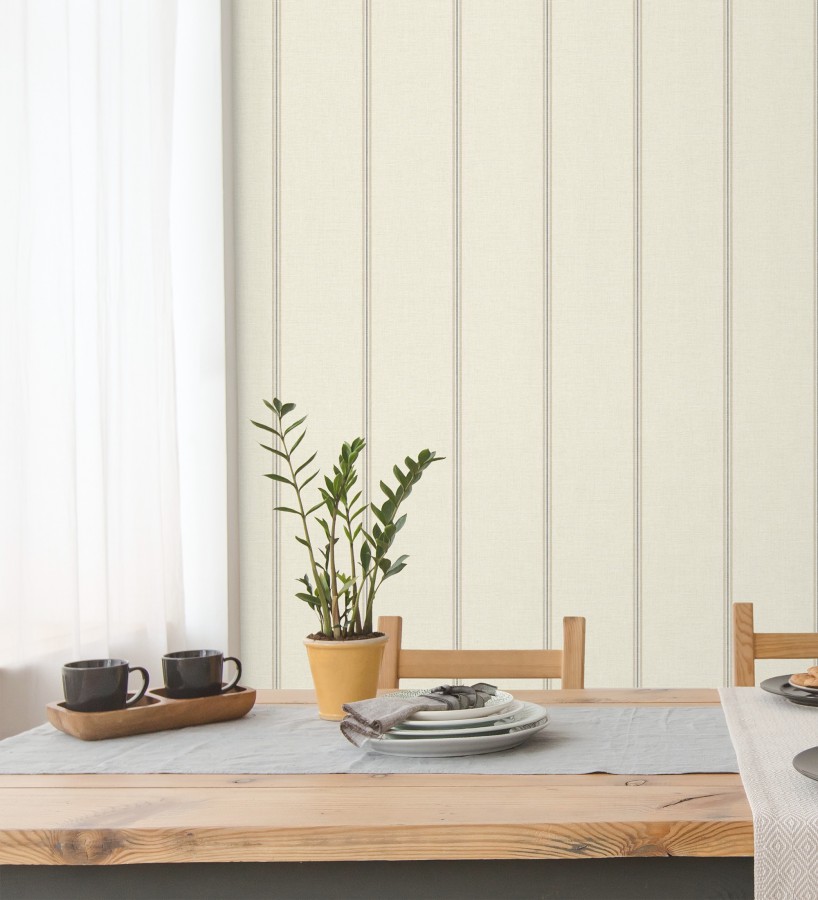 Papel pintado de rayas beige fondo tejido de lino  Colmar Lined 684515
