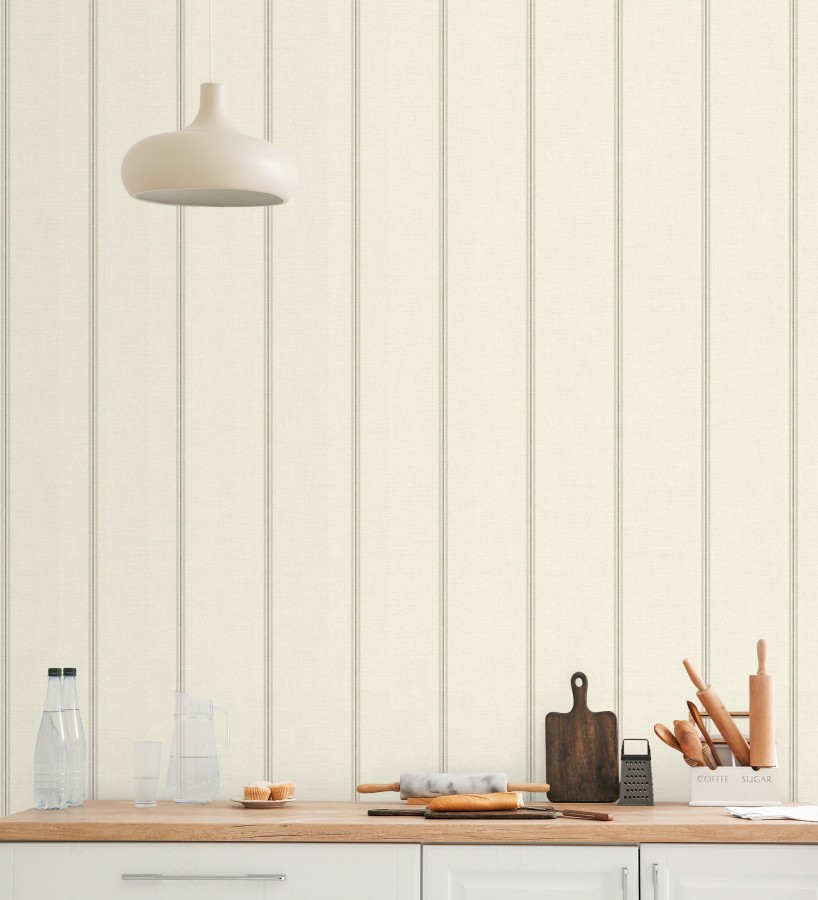 Papel pintado de rayas beige fondo tejido de lino  Colmar Lined 684515