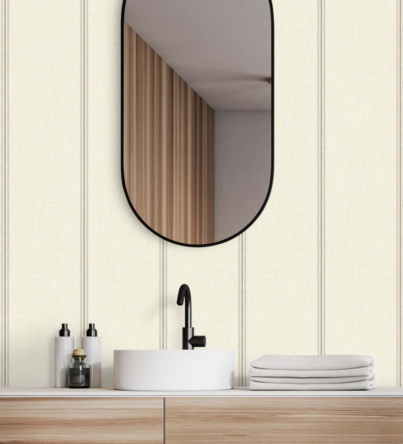 Papel pintado de rayas beige fondo tejido de lino  Colmar Lined 684515