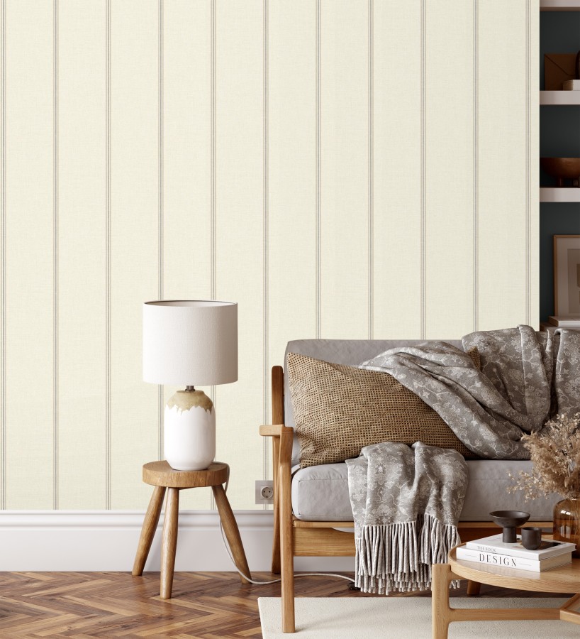 Papel pintado de rayas beige fondo tejido de lino  Colmar Lined 684515