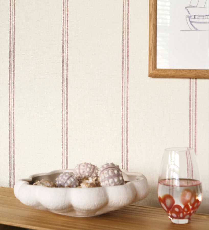 Papel pintado de rayas rojo oxblood fondo tejido de lino  Colmar Lined 684517