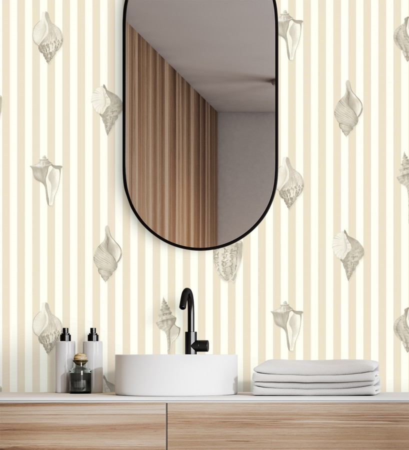 Papel pintado rayas beige conchas marinas tradicional  Coll Coastal 684518
