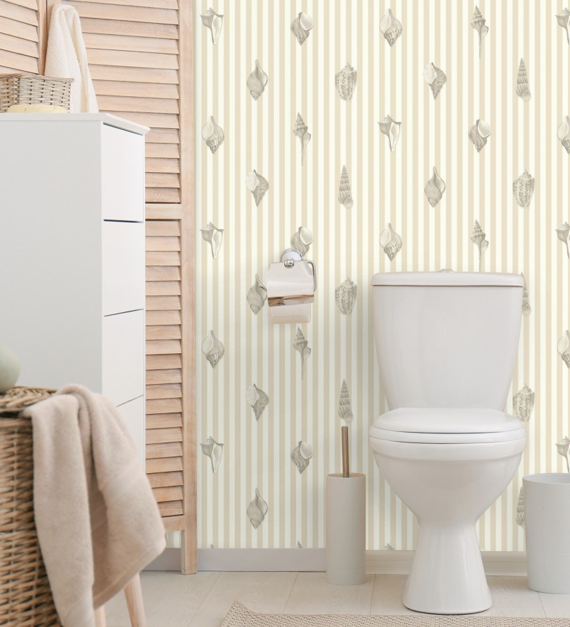 Papel pintado rayas beige conchas marinas tradicional  Coll Coastal 684518
