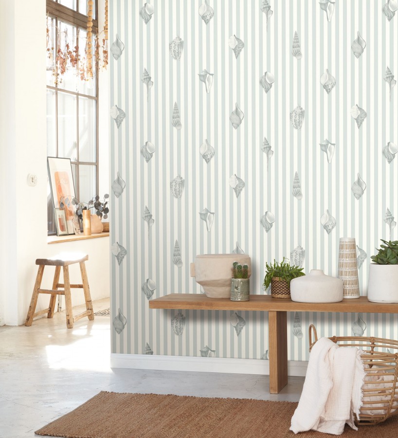Papel pintado rayas azul conchas marinas tradicional  Coll Coastal 684519