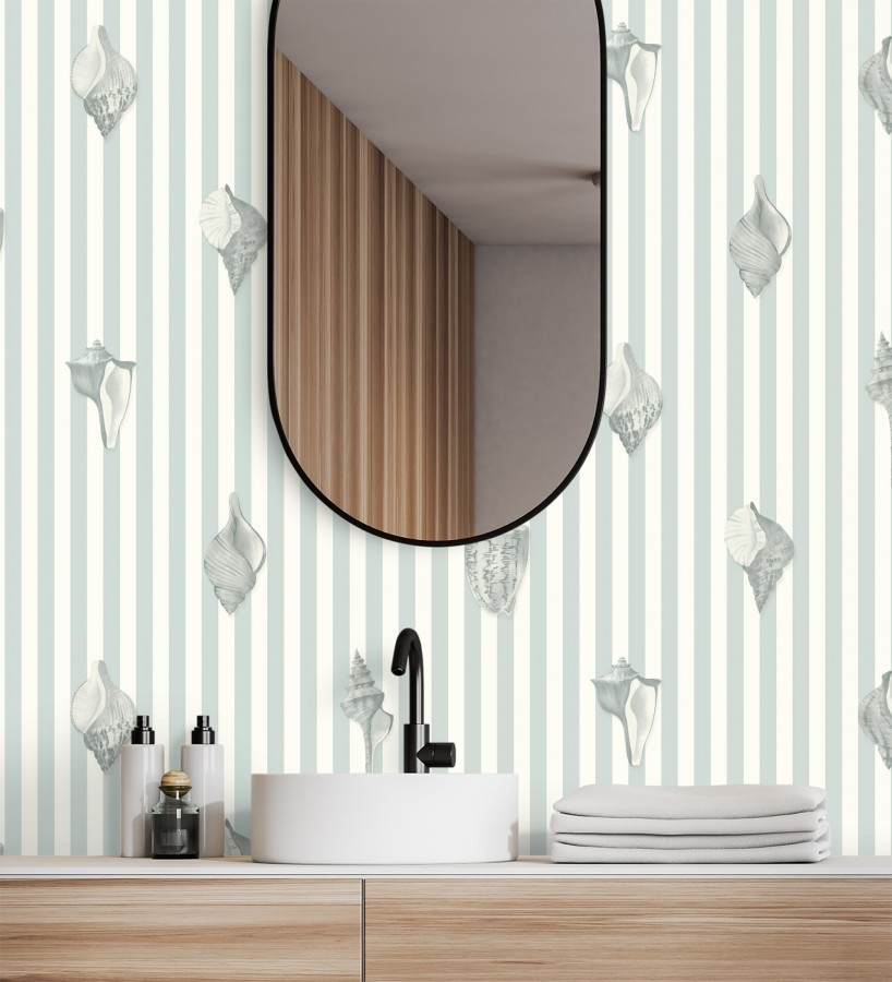 Papel pintado rayas azul conchas marinas tradicional  Coll Coastal 684519