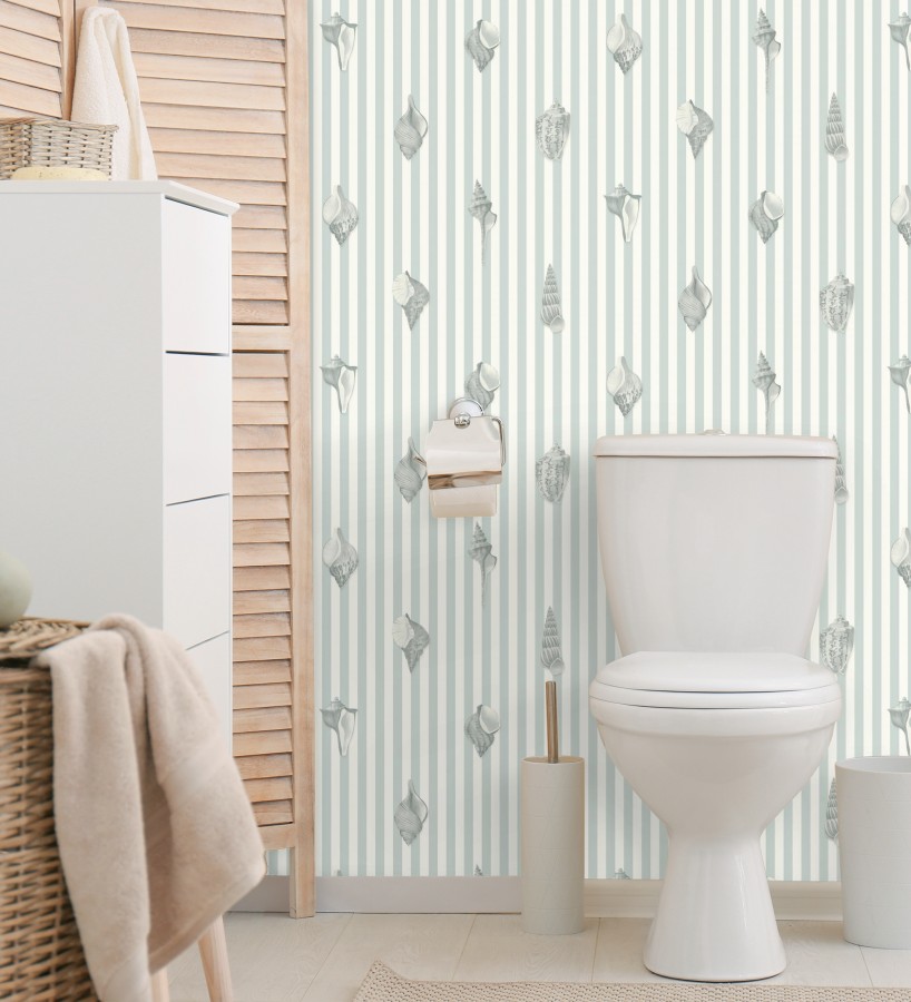 Papel pintado rayas azul conchas marinas tradicional  Coll Coastal 684519